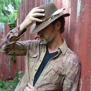 John Varvatos suede leather shirt jacket 50 Med Large brown tan black tie dyed